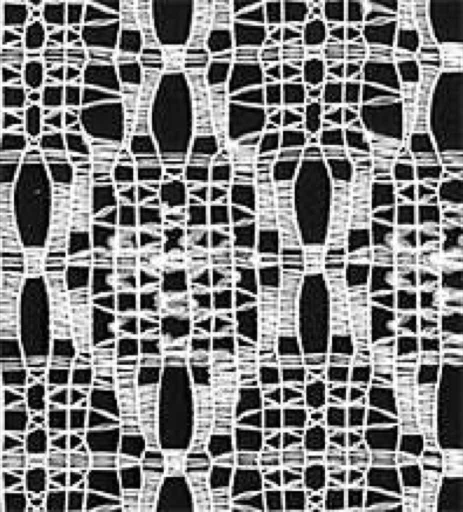 Beispiel einer Wirkgardine, die auf einer Jacquard-Gardinen-Raschelmaschine gefertigt wurde. Deutlich erkennbar sind die vermaschten Fäden zu sehen. Beispiel einer Wirkgardine, die auf einer Jacquard-Gardinen-Raschelmaschine gefertigt wurde. Deutlich erkennbar sind die vermaschten Fäden zu sehen.