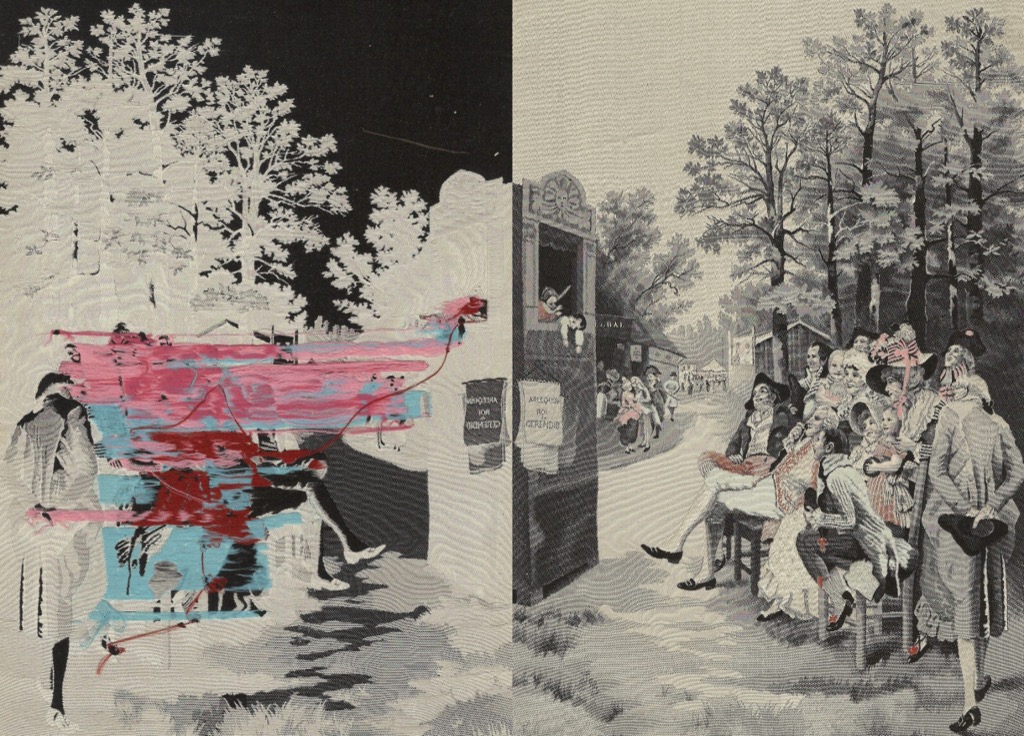 Rück- und Vorderseite eines historischen Seidenbildes (Seidengobelin). Gut zu erkennen wie die Farben nur als Broschier-Schuss eingetragen werden. Rück- und Vorderseite eines historischen Seidenbildes (Seidengobelin). Gut zu erkennen wie die Farben nur als Broschier-Schuss eingetragen werden.